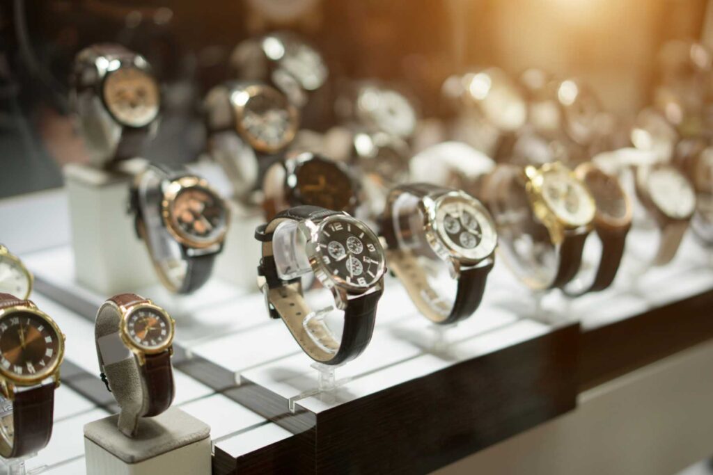 Range of luxury watches on display at a pawn shop in Pleasant Hill, CA